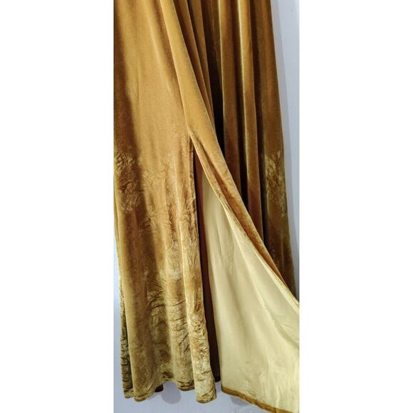 L&B Velvet Gold Mustard V-Neck Maxi Dress Size S Side Slit Belted - Picture 6 of 7